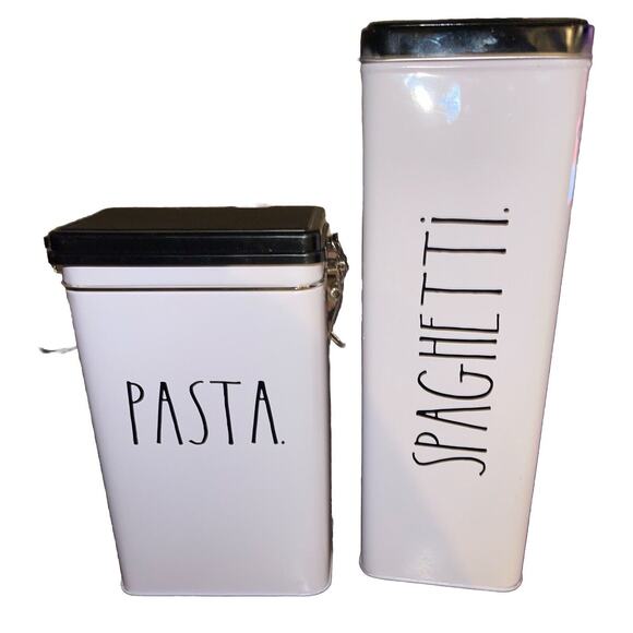 Rae Dunn Rare Spaghetti Metal Canister And Hinged Closure Pasta Canister